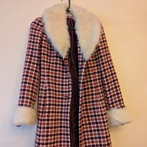 Vintage Inspired Jonathan Michael M Penny Lane Coat Pink Purple Dot Faux Fur